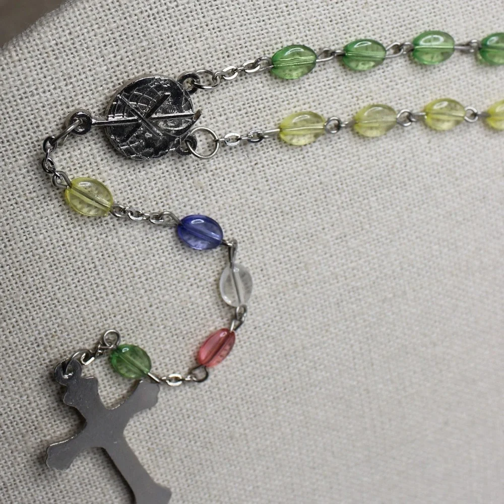 Catholic Rosary Necklace Multicolor Glass Bead Crucifix Virgin Mary Medal 23in